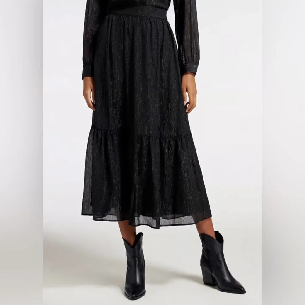 Modcloth Shimmering Rainfall Metallic Midi Skirt Tier Aline Black AU 12 US 8 NWT
